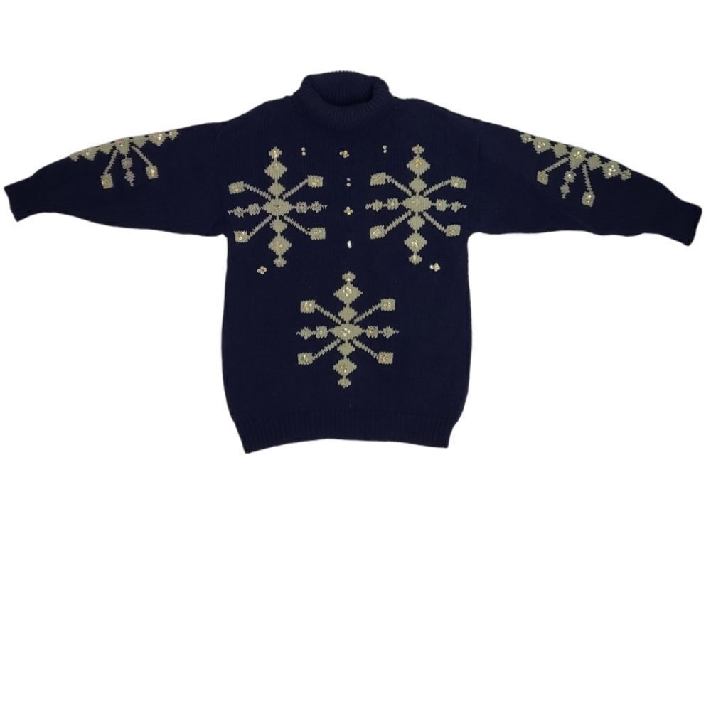 VINTAGE 90s navy blue sequined snowflake turtleneck hand loomed sweater M‎